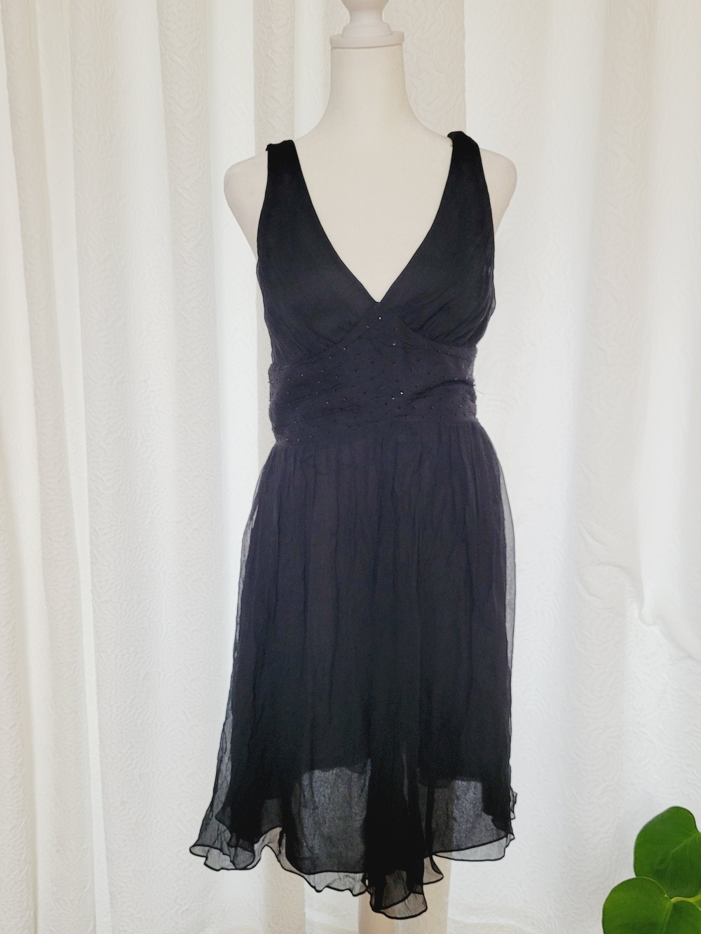 Express Silk Beaded Black V-Neck Midi Dress